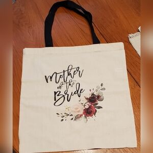 Mother of the Bride tote bag with black fabric straps, off white & black